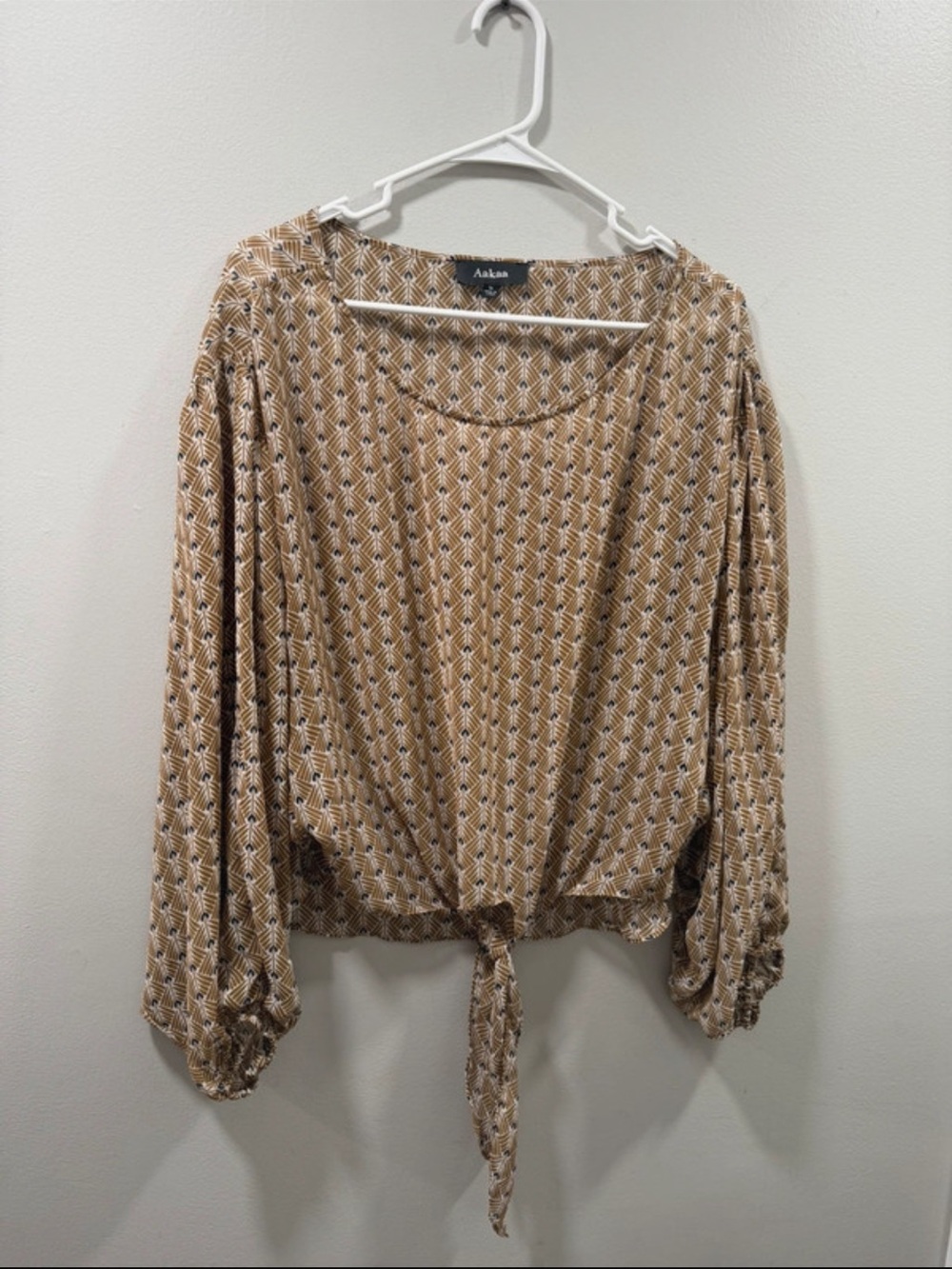 Aakaa boho yellow Printed Tie-Front Blouse S sheer batwing style